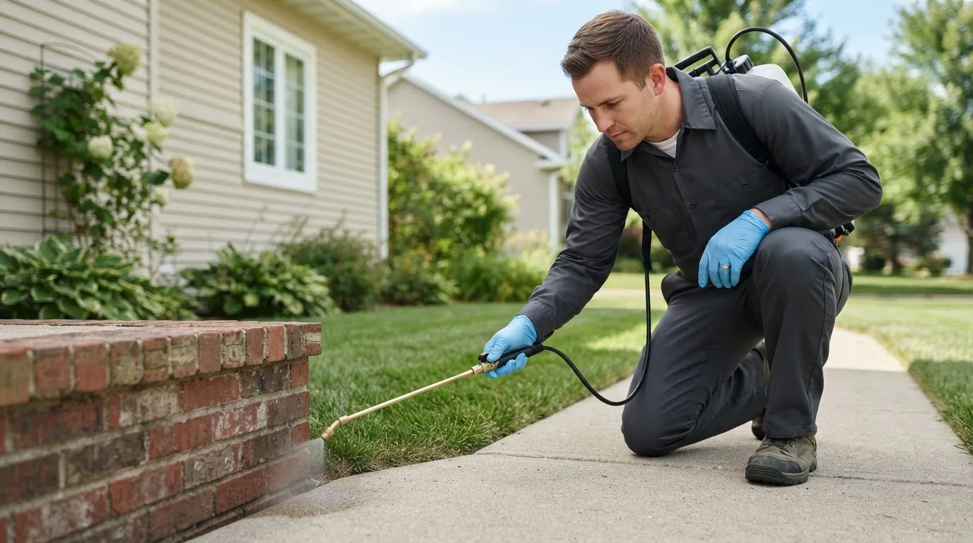 Pest control technician treating a home near Lakeville, MN